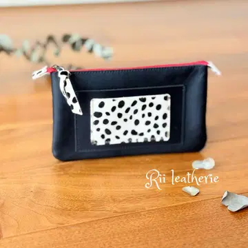 천연 가죽 지퍼 파우치 12 x 20cm 블랙 x 송치 달마시안 패턴
