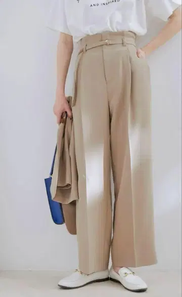VIS 접촉 냉감 세탁 가능한 비이지 린넨 라이크 D링 벨트 와이드 팬츠