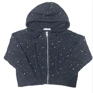 ZARA 여성용 상의 긴팔 니트 후드티 블랙 반짝이