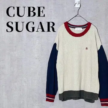 CUBE SUGAR 하찌 벌키 니트 긴팔 성조기 자수 크레이지 패턴