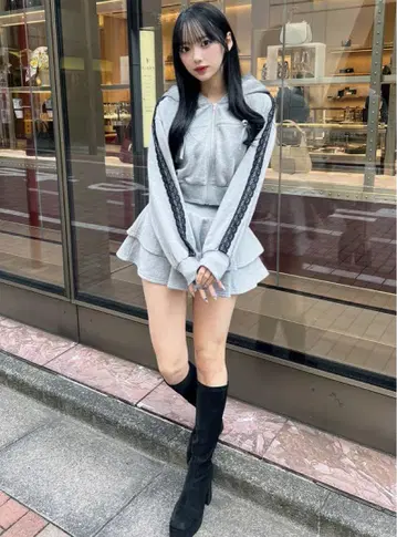 리본 후드티 x 미니 스커트 맨투맨 셋업