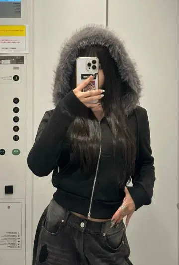 퍼 후드티 크롭 블랙 y2k 그런지