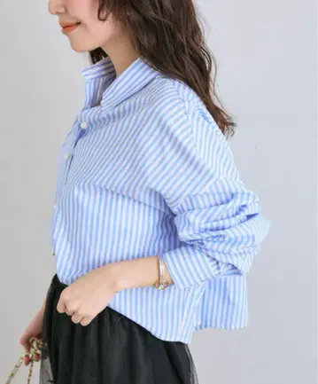 La boutique BonBon 스트라이프 크롭 셔츠 색스 블루