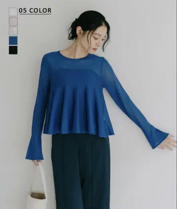 [ 새상품급 ] basement online 블루 플레어 슬리브 상의