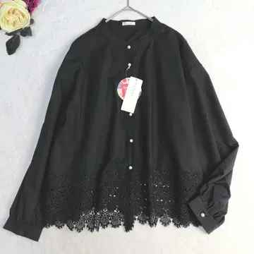 택 포함 에심 레이스 펄 버튼 밴드 카라 블라우스 럭셔리 블랙 L