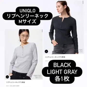 UNIQLO 리브 헨리넥 T BLACK/LIGHT GRAY