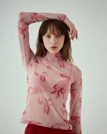 POPPY 리본 시어 탑 (하이넥) 핑크 아사기니뇨