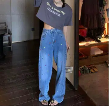 [ 새상품 ] 리틀니 2리터 블루 러브 청바지 하트 자수