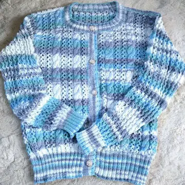 핸드메이드 손뜨개질 가디건, 블루 계열 그라데이션 실의 시스루 편직