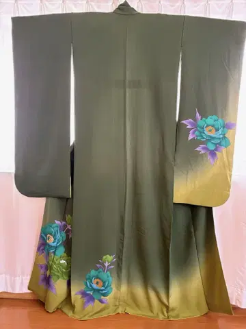 순수 실크 후리소데 후쿠로 오비 세트 그린 모란