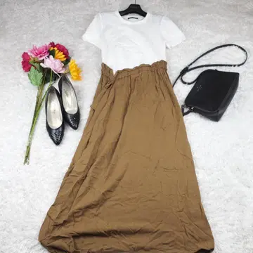 G370*ZARA 자라 A 라인 절개 맥시 길이 원피스 화이트 브라운 S