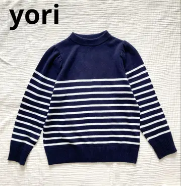 요리(yori) 퍼프 슬리브 보더 니트 네이비