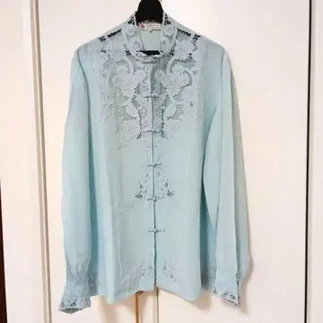 산터우 실크 스카이블루 자수 긴팔 셔츠