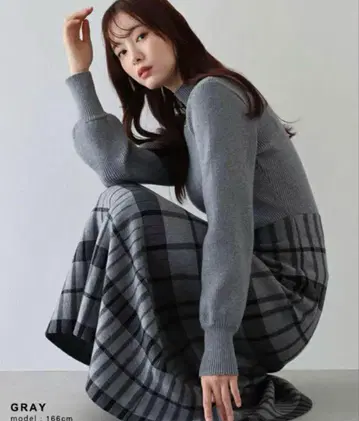 BLUEEAST 체크 자카드 니트 원피스 그레이
