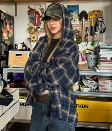 후디 빈티지 스타일 후드 체크 셔츠