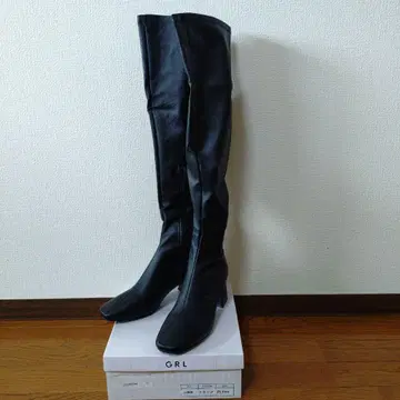 GRL 블랙 니하이 부츠 중간 힐 25.0cm