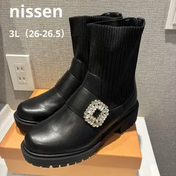 [완판템] 니센 부츠 4E 폭넓은 비쥬 장식 니트 부츠 블랙 3L