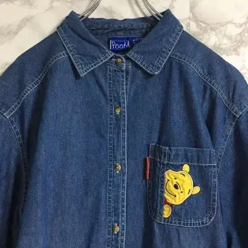 [인기] 디즈니 푸우 원포인트 로고 데님 셔츠 파란색 XL