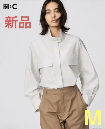 유니클로C 코튼 스탠드 카라 셔츠 자켓 베이지 스트라이프 M