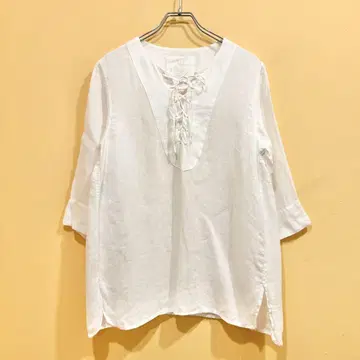 린넨 100% 23구 Libeco 셔츠 블라우스 레이스업 화이트 32