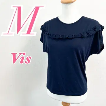Vis 네이비 반팔 블라우스 M 오피스 캐주얼 단정한 코디 미들 기장