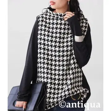 antiqua 안티카 울 혼방 하운드투스 패턴 보틀넥 베스트 프리 사이즈