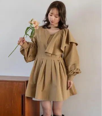 마이딜 볼륨 슬리브 프릴 튜닉 원피스