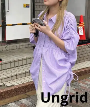 새상품급 Ungrid 하프 슬리브 개더 셔츠 보라색 퍼플 스트라이프