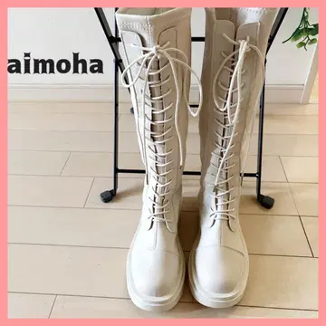 aimoha 아이모하 인조 가죽 레이스업 통굽 롱 부츠