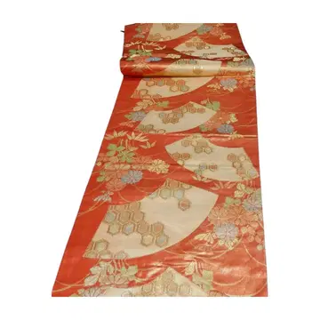 순수 실크 나고야 오비 전통 패턴 금실 부채꽃 문양 주홍색 포멀 기모노용