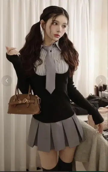 다리치 셔츠 도킹 니트 미니 원피스 (블랙)