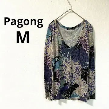 Pagong 꽃무늬 티셔츠 M 블루 계열 V넥 일본제 국화