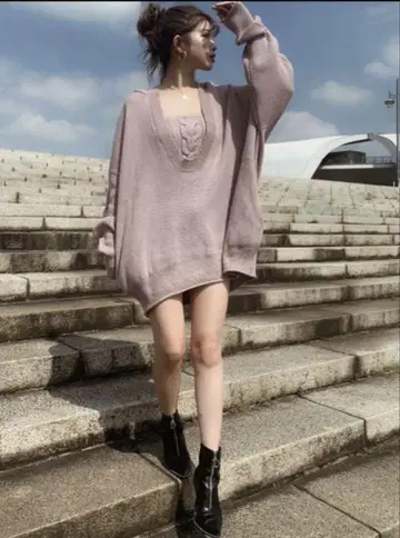 Darich 후드 니트 원피스 핑크
