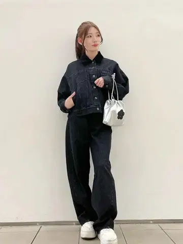 레트로 로고 데님 청바지 블랙