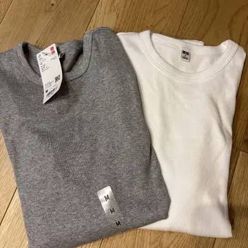 UNIQLO 소프트 리브 크루넥 T 긴팔 M 그레이 화이트 2장 세트