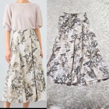 ANAYI 린넨 폴리 플라워 플레어 스커트 자카드 롱 아나이