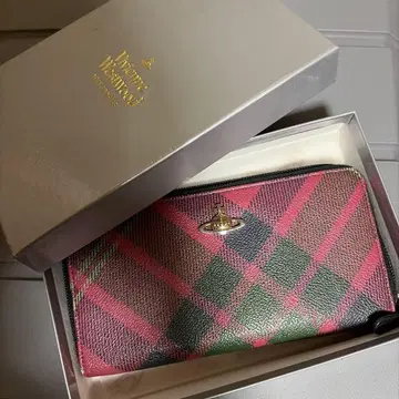체크 무늬 장지갑 핑크 그린