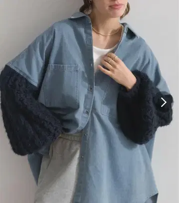 en haut 데님 x 니트 볼륨 슬리브 셔츠 자켓 블루