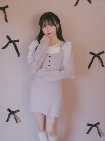 evelyn 하트 오프숄더 리본 원피스 핑크