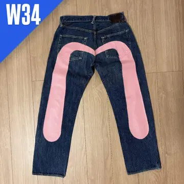 [ 새상품급 ] EVISU 핑크 대흑 W34 세로 떨어짐 데님 청바지