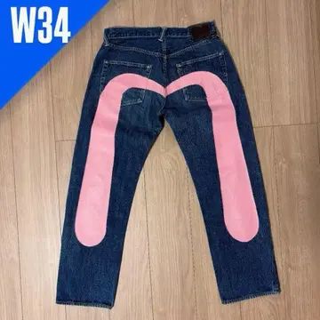 [ 새상품급 ] EVISU 핑크 대흑 W34 세로 떨어짐 데님 청바지