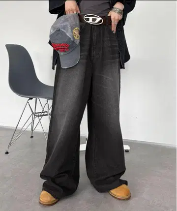 sedagcle 다크 그레이 와이드 데님 팬츠