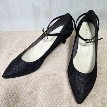 블랙 전체 레이스 스틸레토 스트랩 펌프스 25.0cm