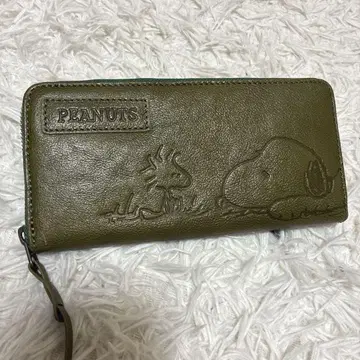 PEANUTS 소가죽 스누피 장지갑 카키 그린