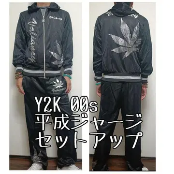 Y2K 00s 헤이세이 리프 프린트 저지 상하의 세트
