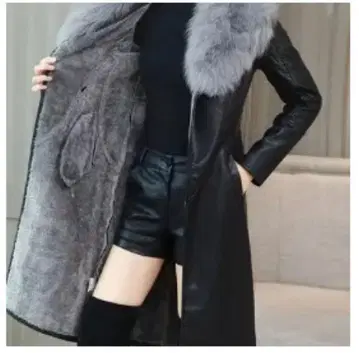 인조 가죽 퍼 옷깃 롱 코트