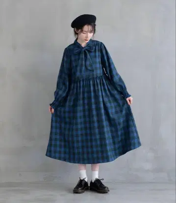 이뎀 체크 리본 A라인 원피스