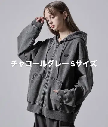 [ CLEL ] 헤비 웨이트 로고 자수 풀 집업 후드티 차콜 그레이 S