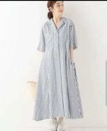 스트라이프 7부 소매 셔츠 원피스 롱