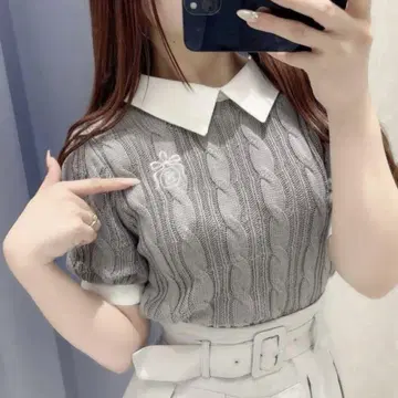 evelyn 자수 옷깃 니트 상의 그레이